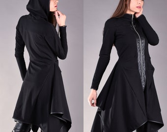 Sudadera con capucha negra, sudadera con capucha de gran tamaño, chaqueta de algodón acolchada, sudadera negra, chaqueta de mujer, chaqueta de oficina, sudadera con capucha negra extravagante