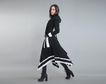 Black White Stripe Knit Cloak, Shawl Collar Hooded Wrap Cardigan Pockets, Asymmetric Tie Waist Midi Coat, Plus Size Avant Garde Outerwear