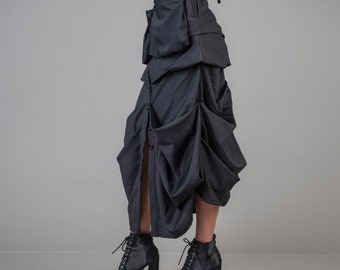 NEW Front Pocket Asymmetric Pleated Skirt Avant garde Flare Elastic Waist Black wool stripe Skirt,Casual Everyday Extravagant Wrap Skirt