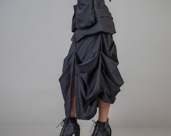 Front Pocket Asymmetric Pleated Skirt Avant garde Flare Elastic Waist Black wool stripe ,Casual Everyday Extravagant Wrap
