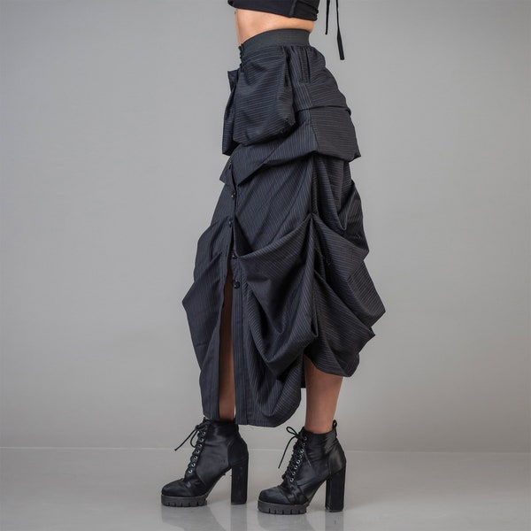 Front Pocket Asymmetric Pleated Skirt Avant garde Flare Elastic Waist Black wool stripe ,Casual Everyday Extravagant Wrap