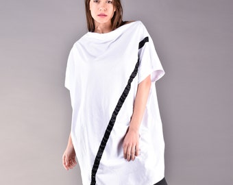 White Plus Size Loose Tunic, Cinched Drawstring Adjustable Top Blouse ,Asymmetric Cowl Neck Draped Oversize Tunic ,Women Batwing Sleeve Top