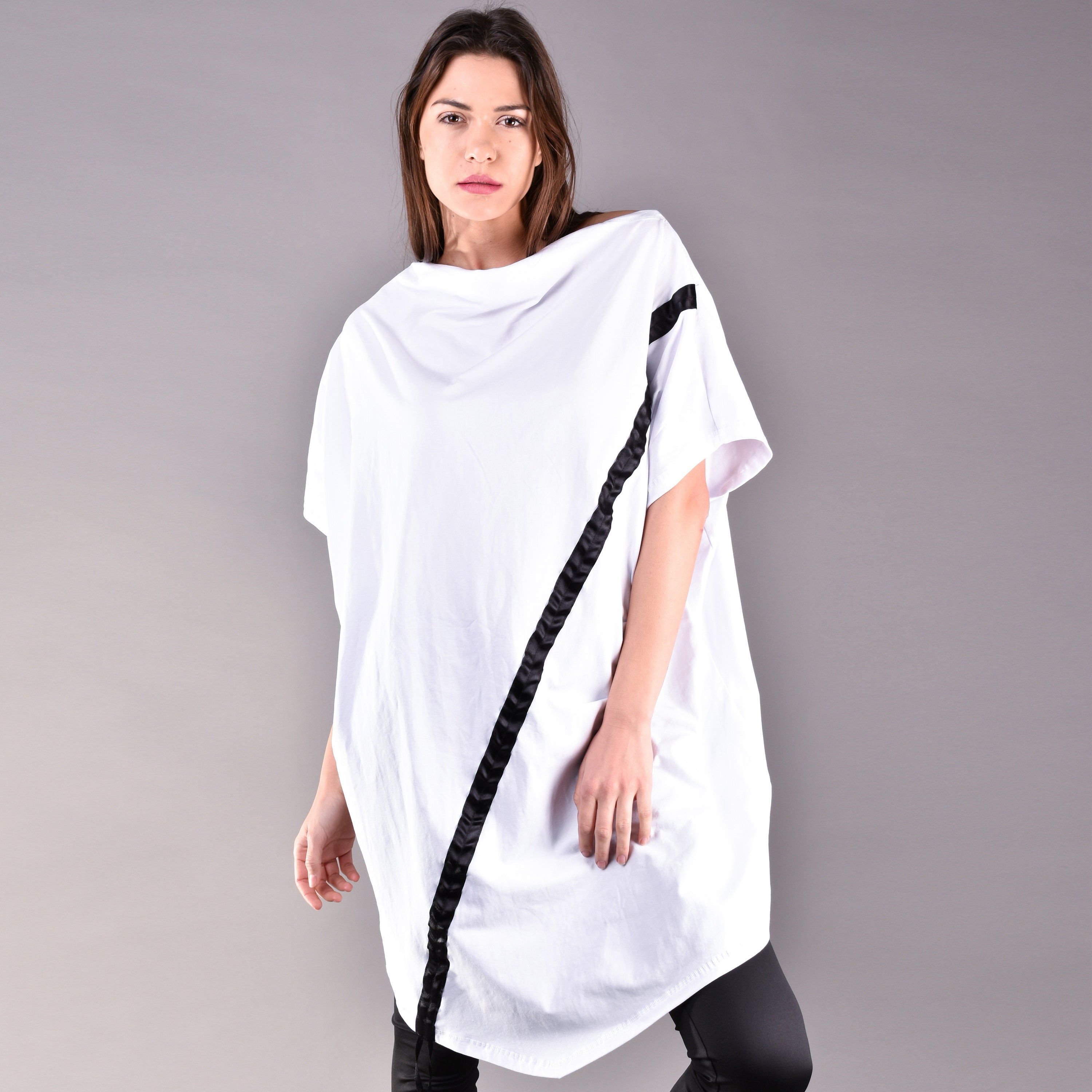 White Plus Size Loose Tunic, Cinched Drawstring Adjustable