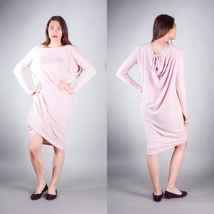Pink Loose Asymmetrical Knit Dress Tunic,Batwing Knit Comfy Soft Dress,Draped Plus Size Avant-garde Dress,Winter Knitted Long Sleeve Dress