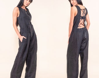 Loose Fit Black Linen Jumpsuit with Lace Up Back