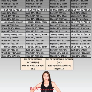 May include: Size chart with bust, waist, and hip measurements in inches and centimeters. Includes US, EU, and UK sizes. The model's measurements are also listed: bust 35 inches, waist 28.3 inches, and hips 38.2 inches.