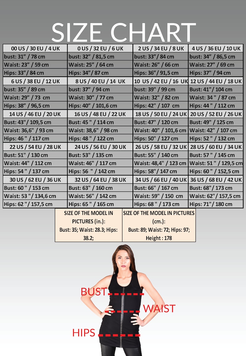 May include: Size chart with bust, waist, and hip measurements in inches and centimeters. Includes US, EU, and UK sizes. The model's measurements are also listed: bust 35 inches, waist 28.3 inches, and hips 38.2 inches.