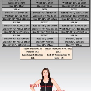 May include: A size chart with measurements in inches and centimetres for bust, waist, and hips. Sizes range from XXS to 7XL. A woman in a black top is shown to illustrate the measurements.