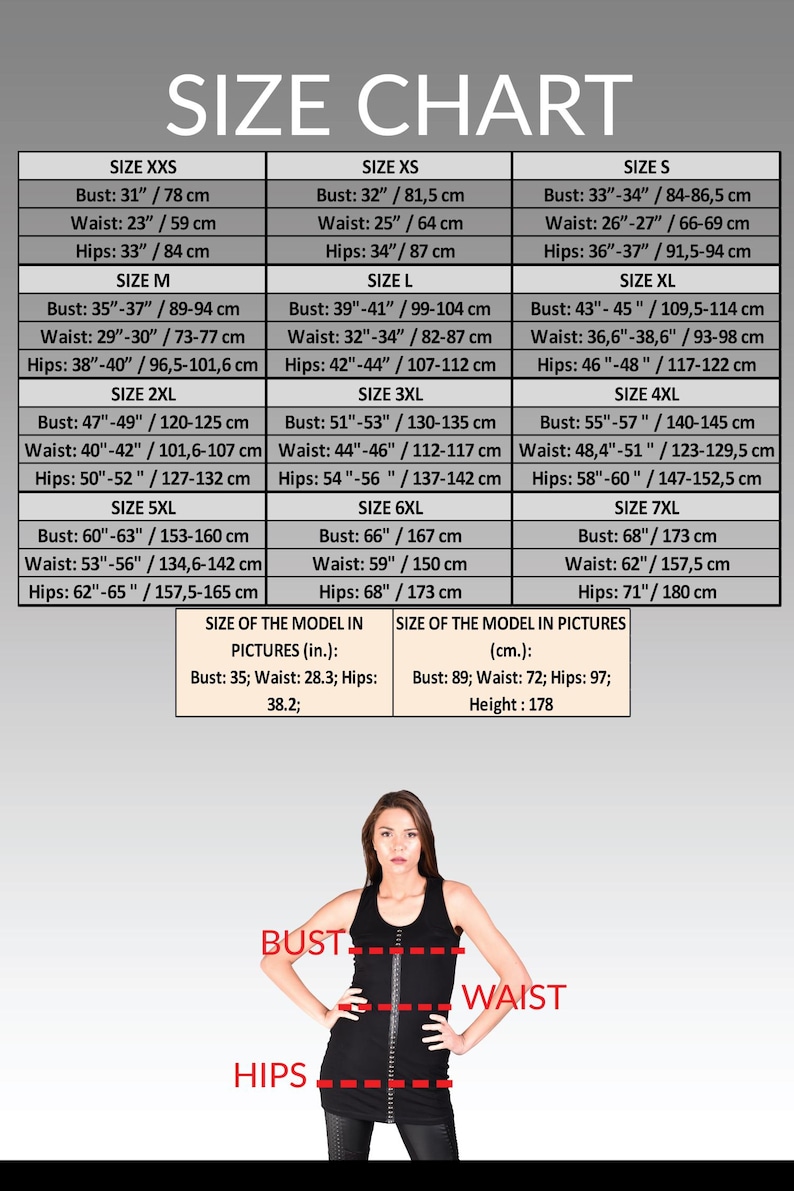 May include: A size chart with measurements in inches and centimetres for bust, waist, and hips. Sizes range from XXS to 7XL. A woman in a black top is shown to illustrate the measurements.
