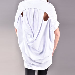 Oversized White Cotton Blouse, Batwing Sleeve Cutout Plus Size Top