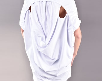 Oversized White Cotton Blouse, Batwing Sleeve Cutout Plus Size Top