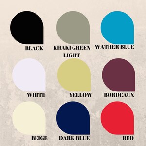 May include: Color chart with nine paint color swatches. The colors are black, khaki green light, water blue, white, yellow, bordeaux, beige, dark blue, and red.