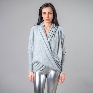 NEW Batwing Long Sleeve Cowl Hood Asymmetrical Hem Sweater /Comfortable Loose Knit light gray Twist front Tunic /Hooded Sweatshirt for Women
