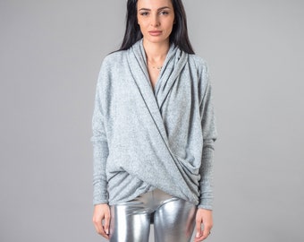 Light Gray Cowl Hood Sweater: Batwing Sleeve Asymmetrical Tunic