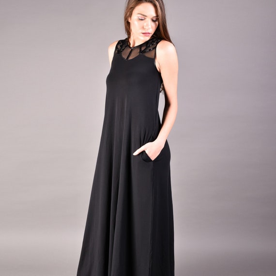 Sleeveless Black Maxi Dress, Tulle Jewel Neckline, Plus Size
