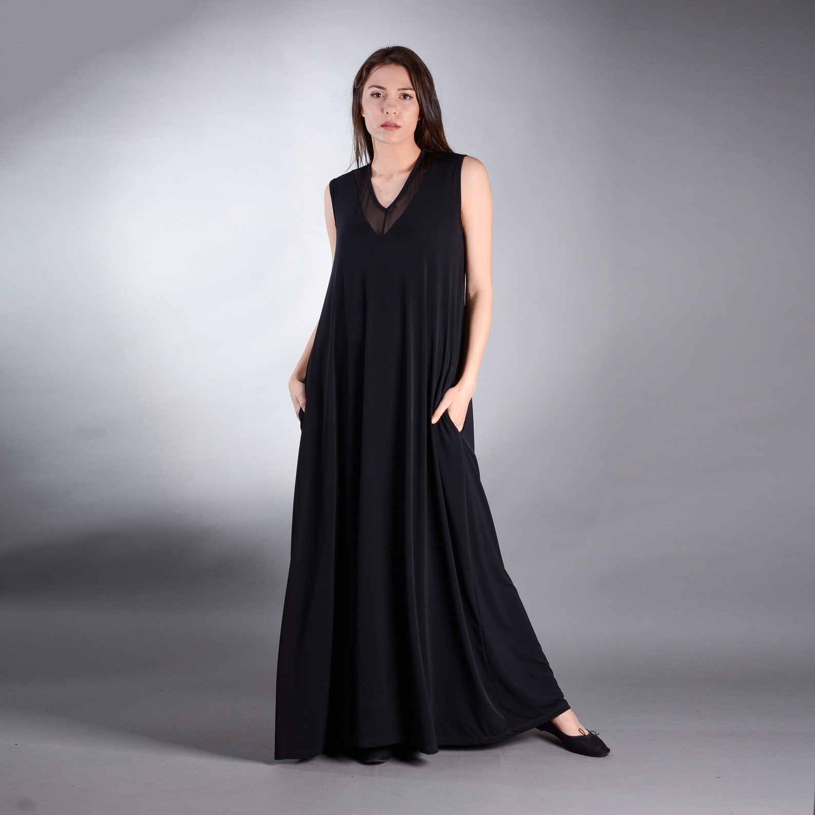 Summer Silk Dress French V-neck All-match Temperament Black Long Dress
