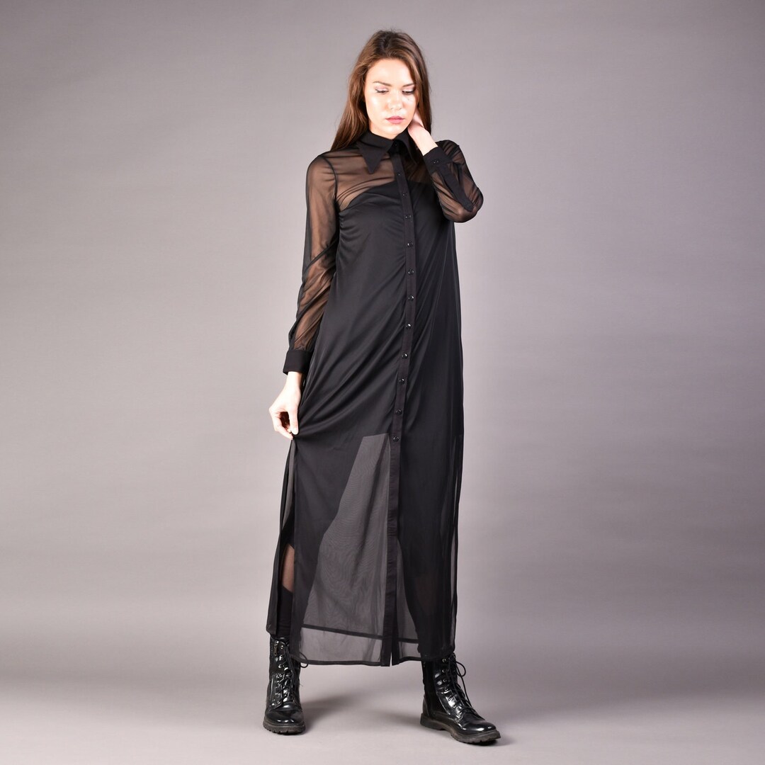 Long Shirt Dress, Black Shirt Dress, Chiffon Black Shirt, Maxi Loose Shirt, Sheer Maxi Dress, Plus Size Shirt, Oversized Shirt dress