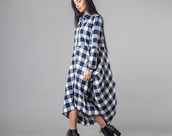 NEW Plus Size Long Sleeve Plaid Shirt /Casual Asymmetric Loose Extravagant Dress