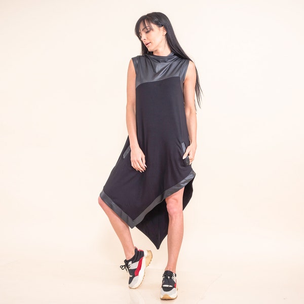 Asymmetrical Oversized Black Tunic with Leather Details