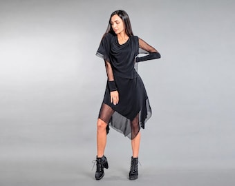 Black Mesh Asymmetric Dress Women , Sheer Sleeve Cowl Neck Gothic Midi Handkerchief Hem Dark Fashion , Long Sleeve Witchy Dress Plus Size