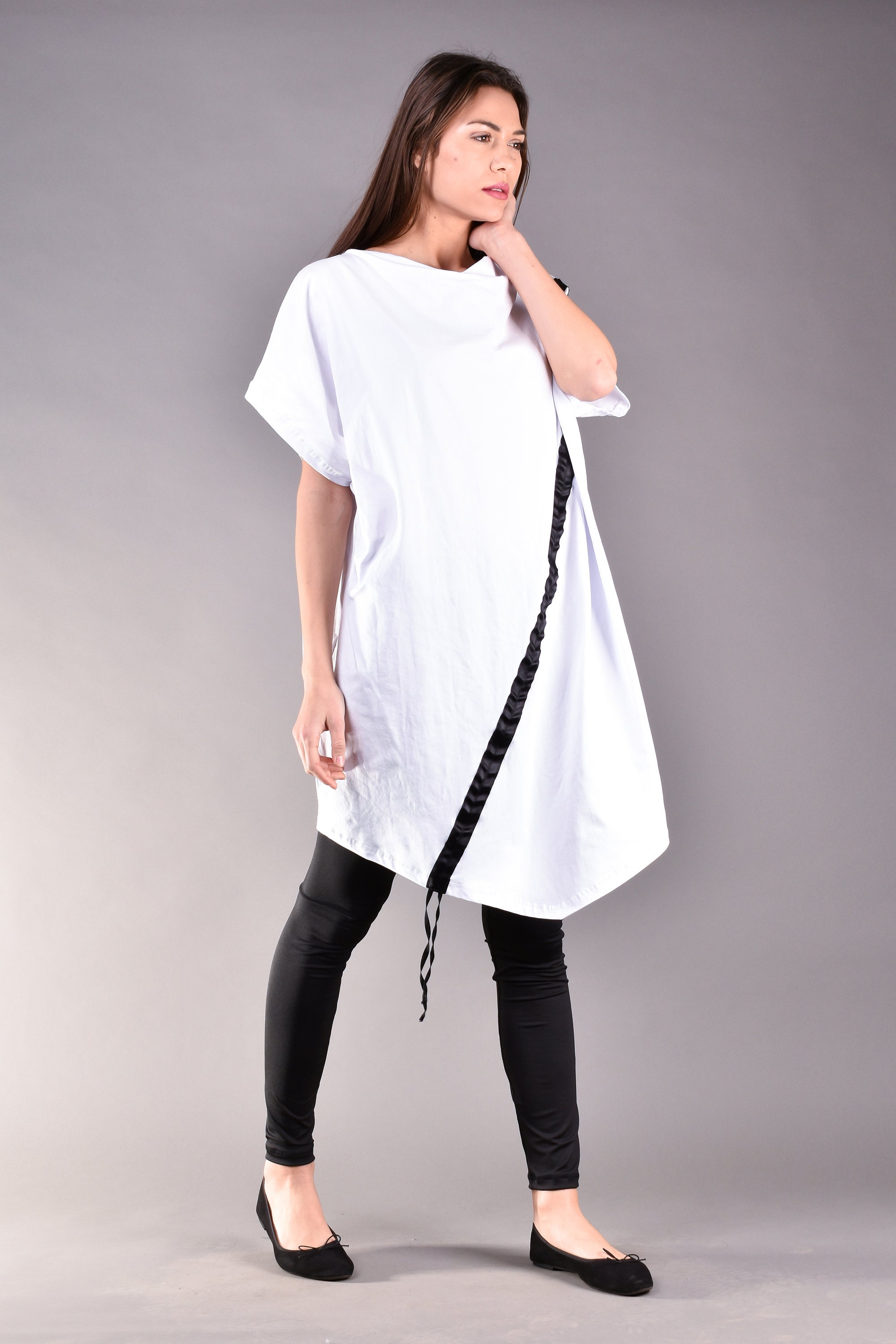 White Plus Size Loose Tunic, Cinched Drawstring Adjustable