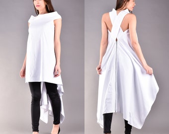 White Tunic, White Top, Plus Size Tunic, Open Back Top, Loose Tunic, Hem Top, Asymmetric Blouse, Oversized Top