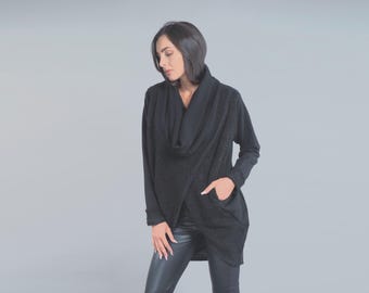 Soft Bouclé Knit Overlap Jumper with Shawl Collar & Side Pockets