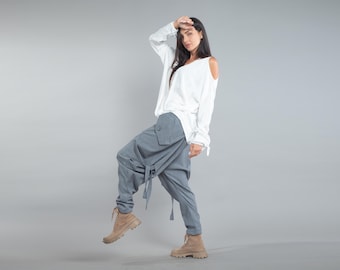Techwear Wool Drop Crotch Pants, High Waist Avantgarde Plus Size Trousers with Cargo Pockets, Adjustable Strings and Deconstructed Style