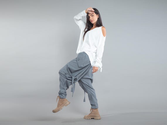 Techwear Wool Drop Crotch Pants, High Waist Avantgarde Plus Size Trousers with Cargo Pockets, Adjustable Strings and Deconstructed Style