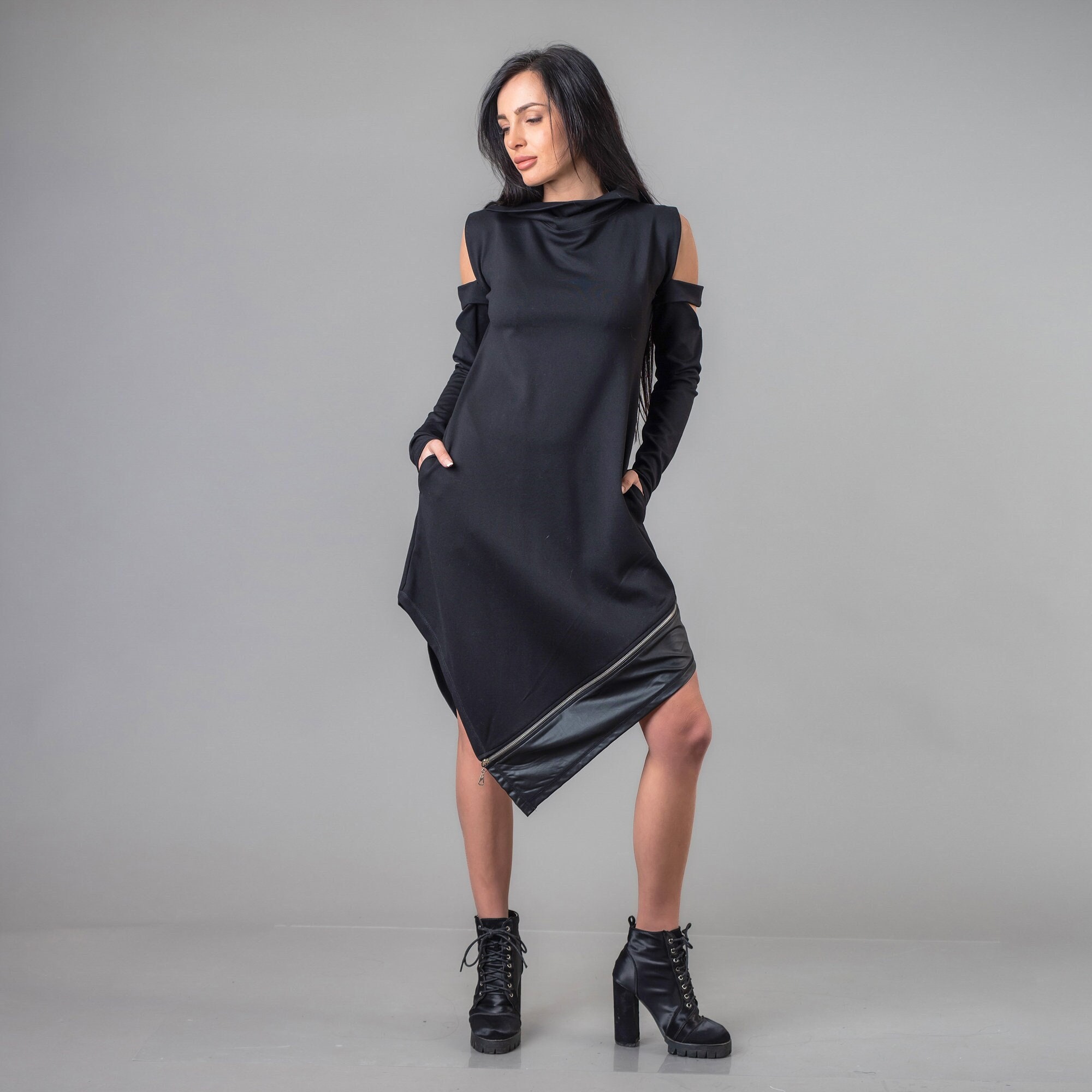 New Plus Size Asymmetrical Dress Loose Fit Dress/ Extravagant Fall Party Tunic Dress /Black Cold Shoulder Long Sleeve  Dress/Loose Fit Dress