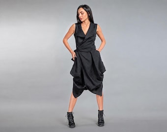 Black Linen Midi Dress, Sleeveless Wrap Tie Dress Vest, Fit And Flare Asymmetric Hem, Draped Balloon Skirt, Plus Size Clothing