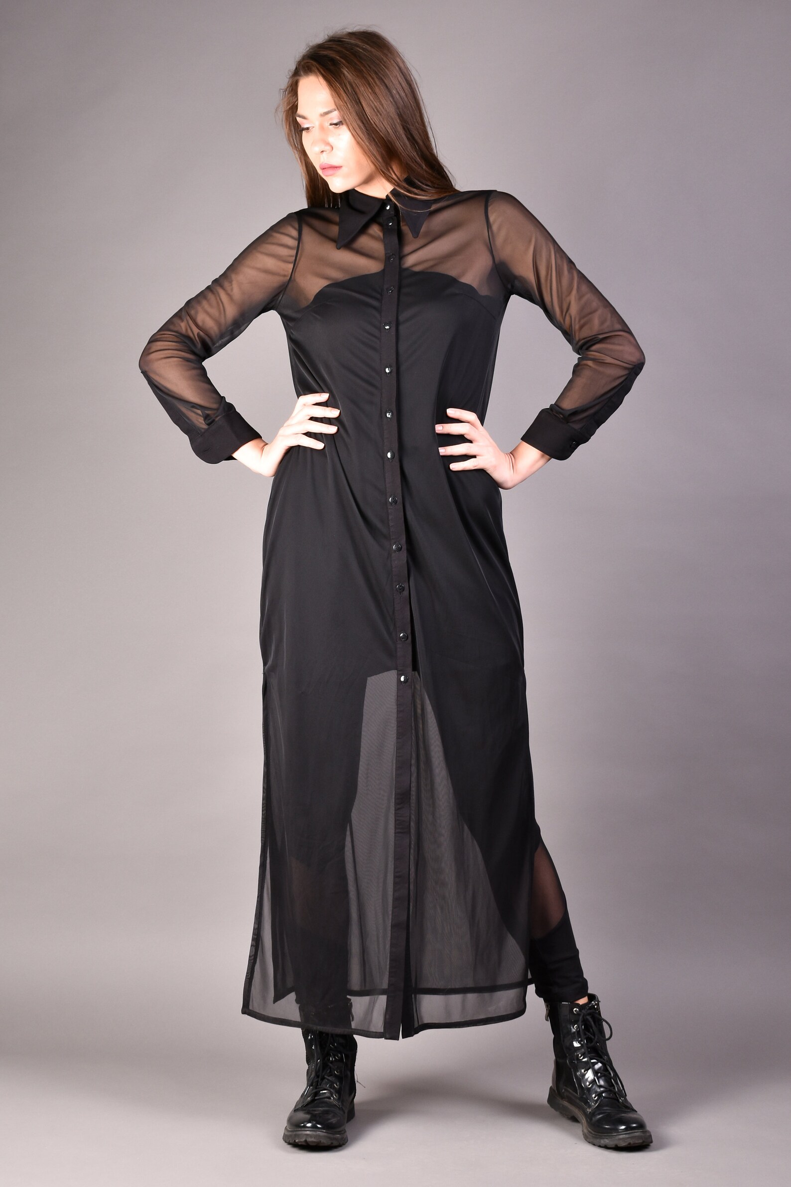 Long Shirt Dress Black Shirt Dress Chiffon Black Shirt Maxi Etsy