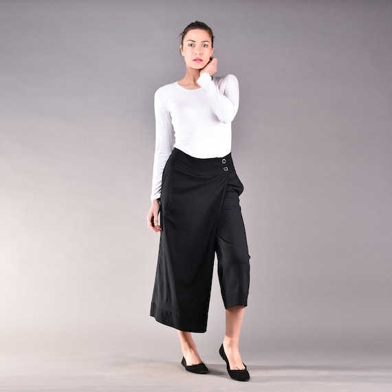 Wide Leg Black Cotton Trousers, Plus Size, Loose Fit