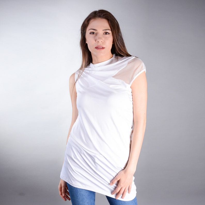 White Blouse, White Lace Top, Tunic Top, Asymmetrical Top, Oversized Top, Plus Size Clothing image 1