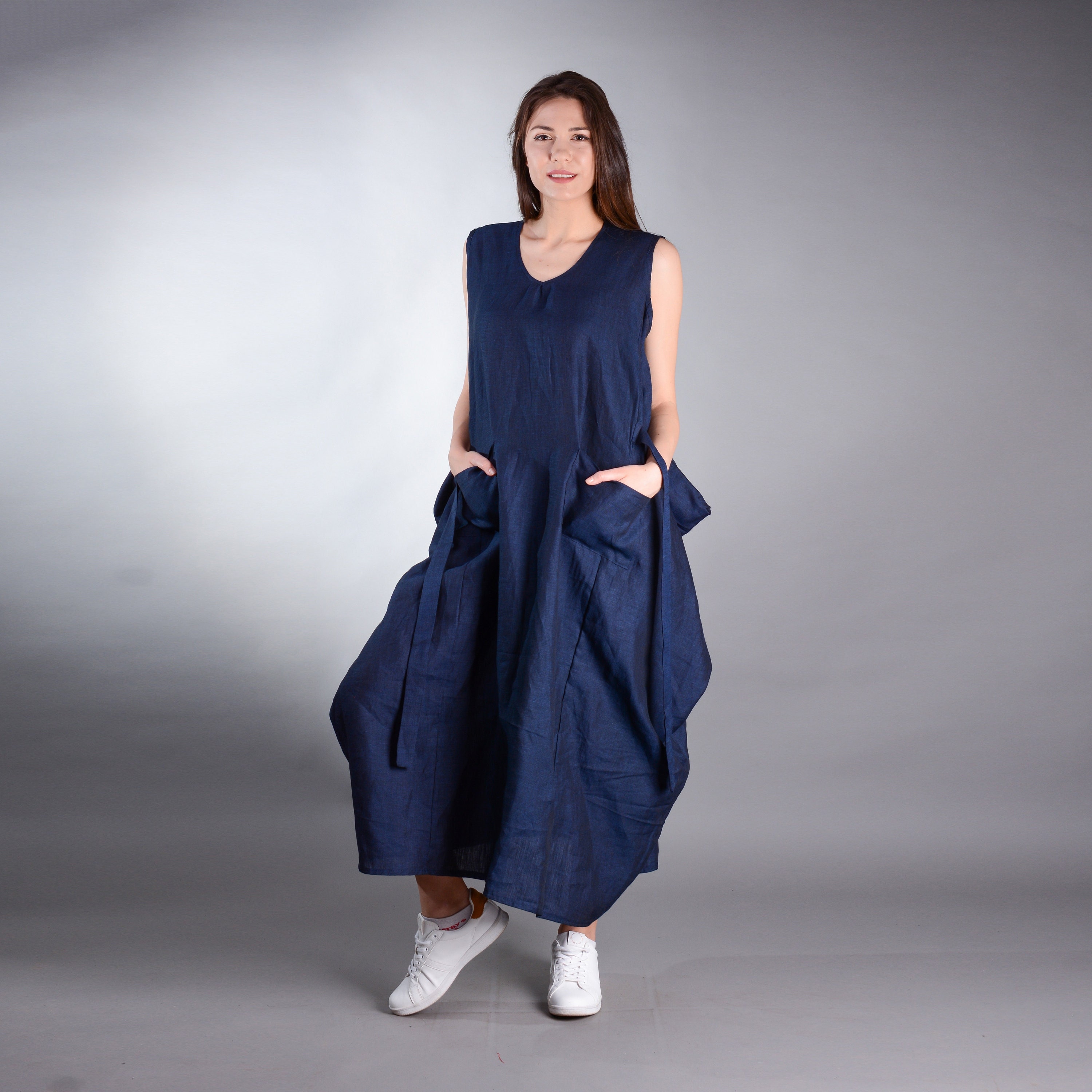 Plus Size Blue side open Linen Long Dress Sleeveless