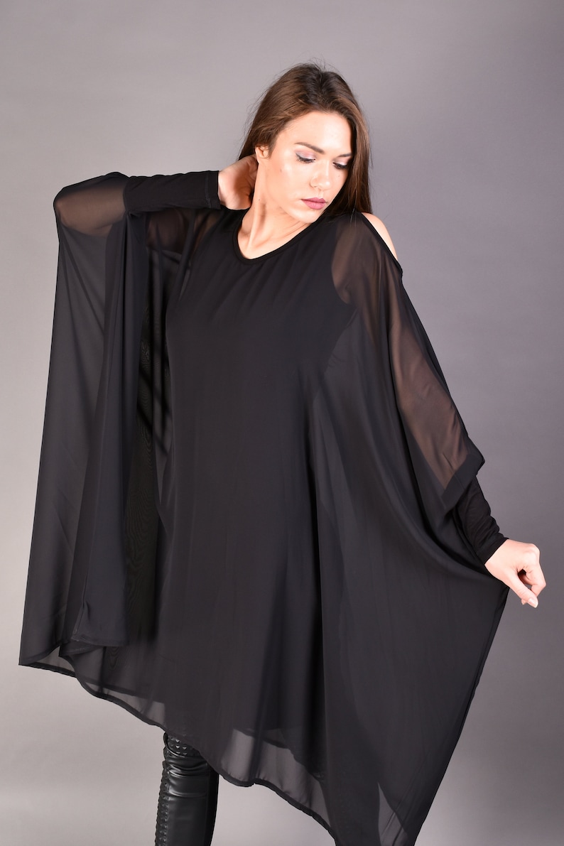 Black Tunic, Тulle, Womens Tunic, Oversize Tunic, Dress Tunic, Plus Size Tunic, Long Sleeve Tunic, Maxi Tunic Top, Tulle Cover Up, Clothing zdjęcie 3