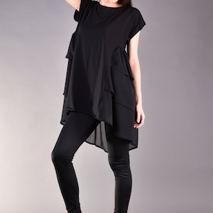 Black Double Layer Chiffon and Jersey Asymmetric Ruffle loose fit Tunic image 5