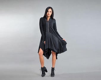 Black Asymmetric Dress Women | Avant Garde Gothic Tunic | Dark Minimalist Zip Dress | Long Sleeve Knit Jersey Cotton Dress
