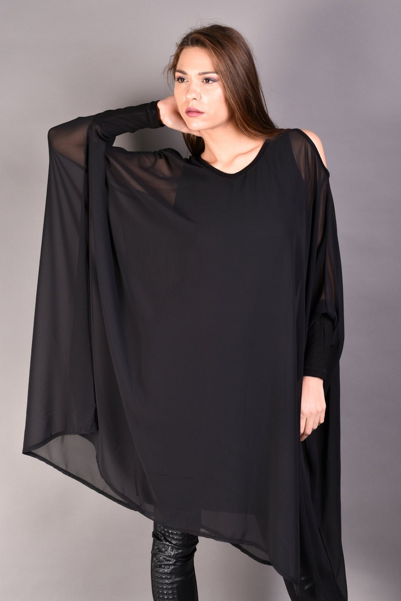 Black Tunic, Тulle, Womens Tunic, Oversize Tunic, Dress Tunic, Plus Size Tunic, Long Sleeve Tunic, Maxi Tunic Top, Tulle Cover Up, Clothing zdjęcie 2