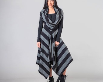 Striped Knit Midi Dress with Oversized Cowl Neck , Asymmetric Hem and long sleeves