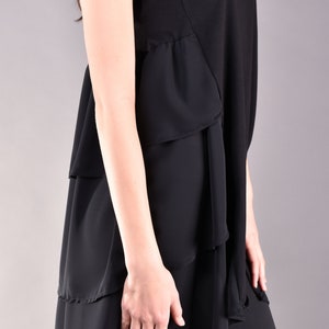 Black Double Layer Chiffon and Jersey Asymmetric Ruffle loose fit Tunic image 8