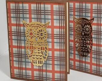 Fall Note Cards, Set of 3, Thanksgiving, Plaid, Gold Owl, Fall