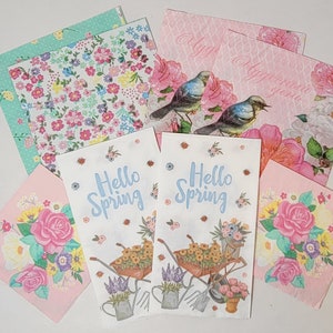 Decoupage Paper Napkins, 8 pcs/2 of ea, Hello Spring, Flowers, Birds, Postcard, Junk Journal, Scrapbooking, Journaling, Ornaments, Ephemera