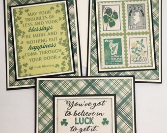 St. Patrick's Day Cards, Set of 3, Happy St. Patrick's Day, Pot of Gold, Stamps, Believe in Luck, Thinking of You, Note Card, Invitation