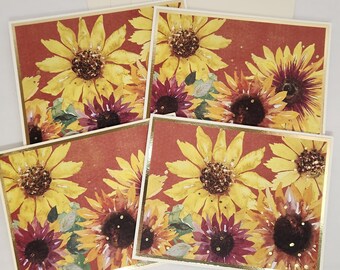 Sunflower Note Cards, Foil Accents, Fall Stationery (Set of 4)