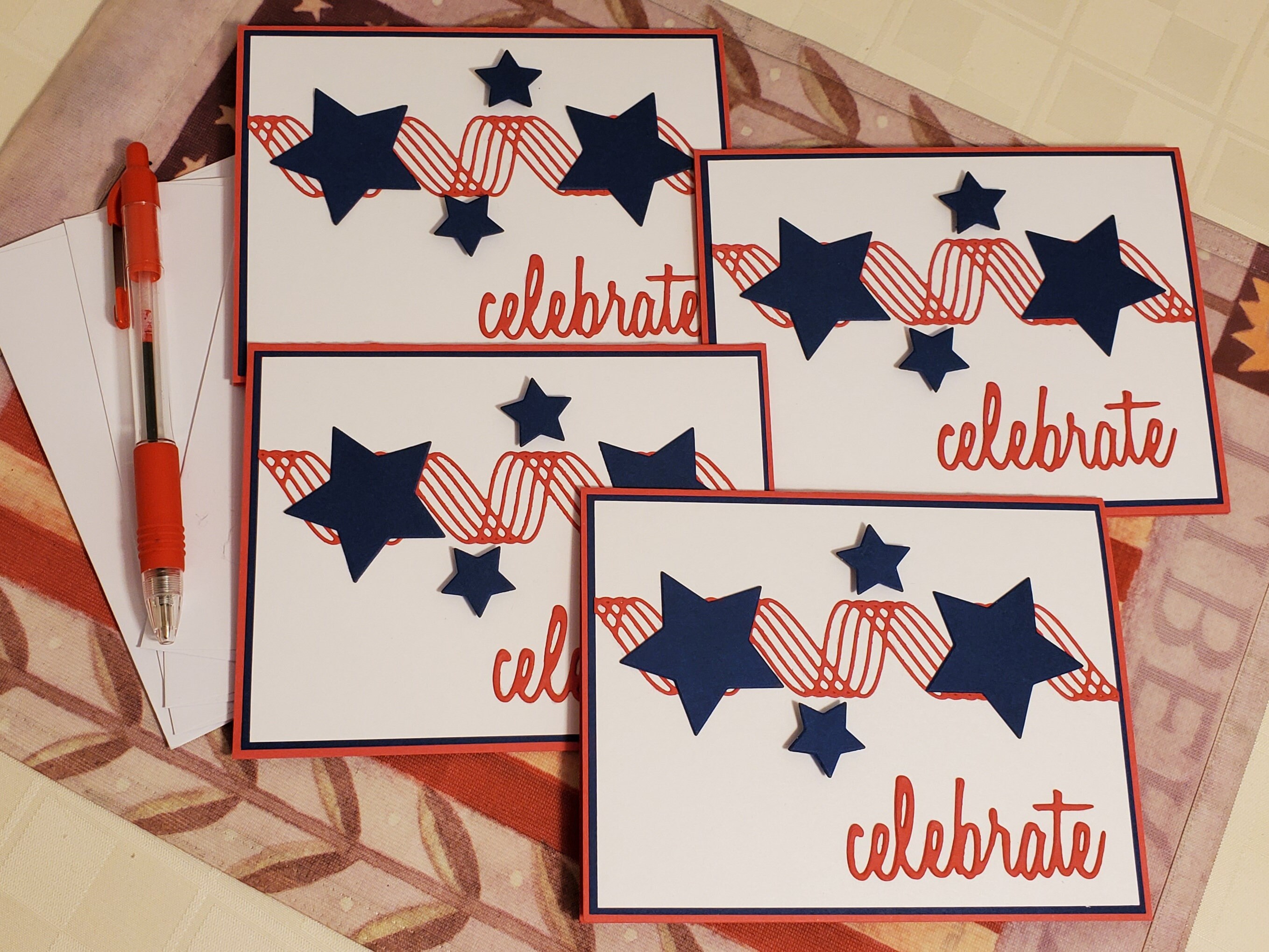 Fourth of July, Memorial Day, Set of 4 Patriotic Note Cards - Stars, Wavy Stripes, Celebrate, Red, White, Blue, Handmade
