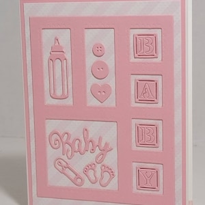 Baby Girl Card, Welcome, Announcement, Congratulations, Bundle of Joy, Pink, Baby Bottle, Baby Blocks, Buttons, Foot Prints, Safety Pin