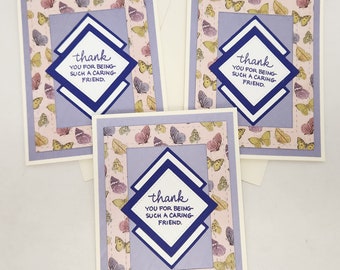 Thank You Cards, Set of 3, Thank You for Caring Friend, Note Cards, Greeting Cards, Hello, Appreciation Cards, Unique, Butterflies