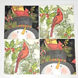 Decoupage Paper Napkins, 4 pcs/2 of ea, Christmas Napkins, Snowman, Cardinal, Holly Berries  Presents, Journaling, Ornaments, Ephemera