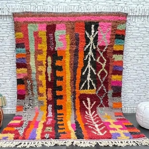 Red Berber Wool Rug: Authentic Moroccan Azilal Rug, Bohemian Style (5.3x8.4ft)